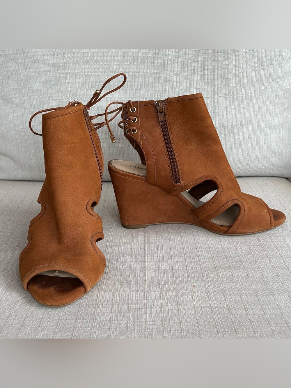 Gianni Bini Suede Lace-Up Heels in Cognac Brown